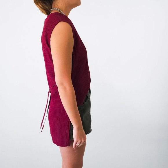 Vintage Maroon Tie Back Button Up Textured Top - M - Picture 4 of 6